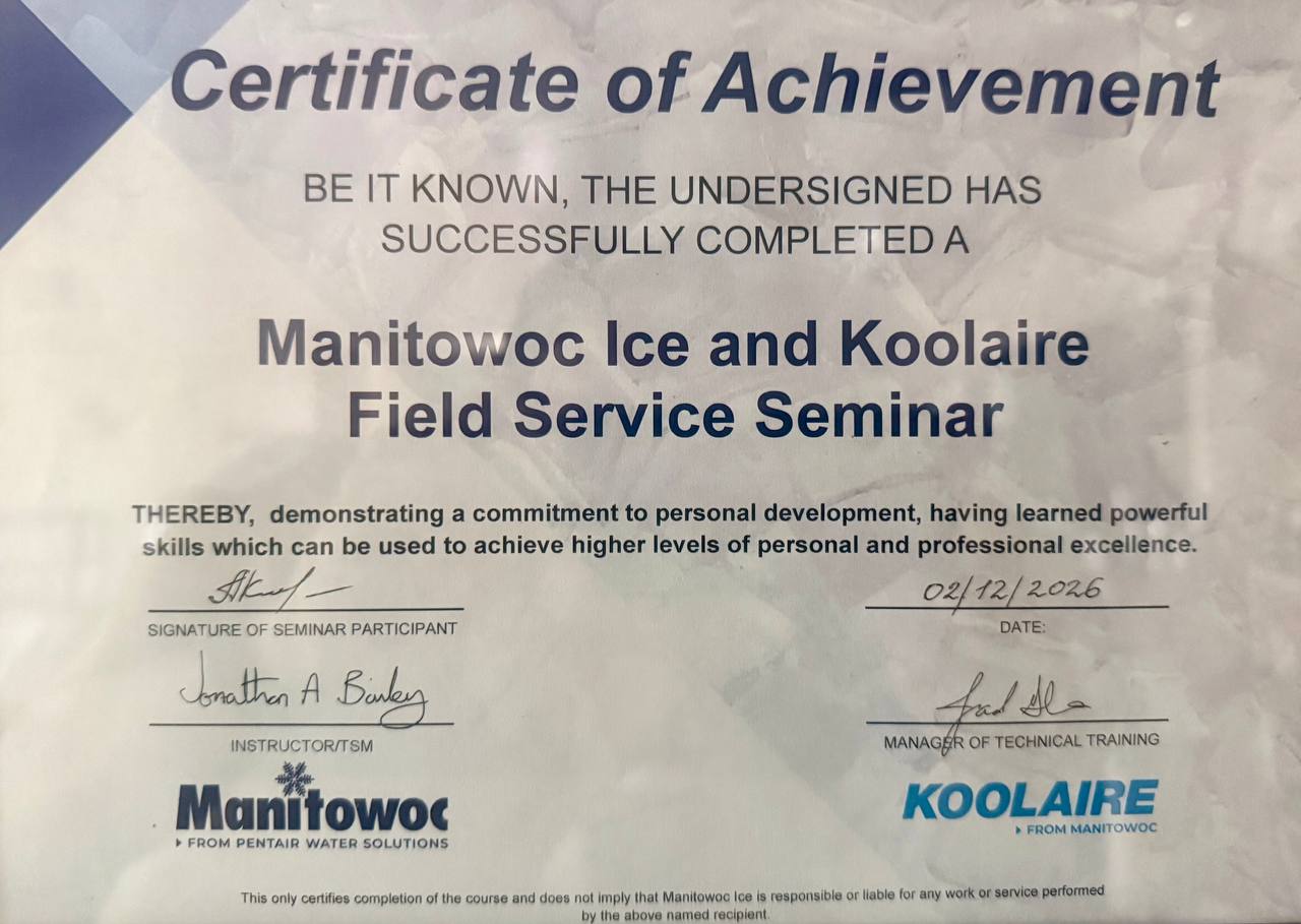 Manitowoc Ice and Koolaire Field Service Seminar certificate awarded to Andrew Kuznetsov, February 2026.